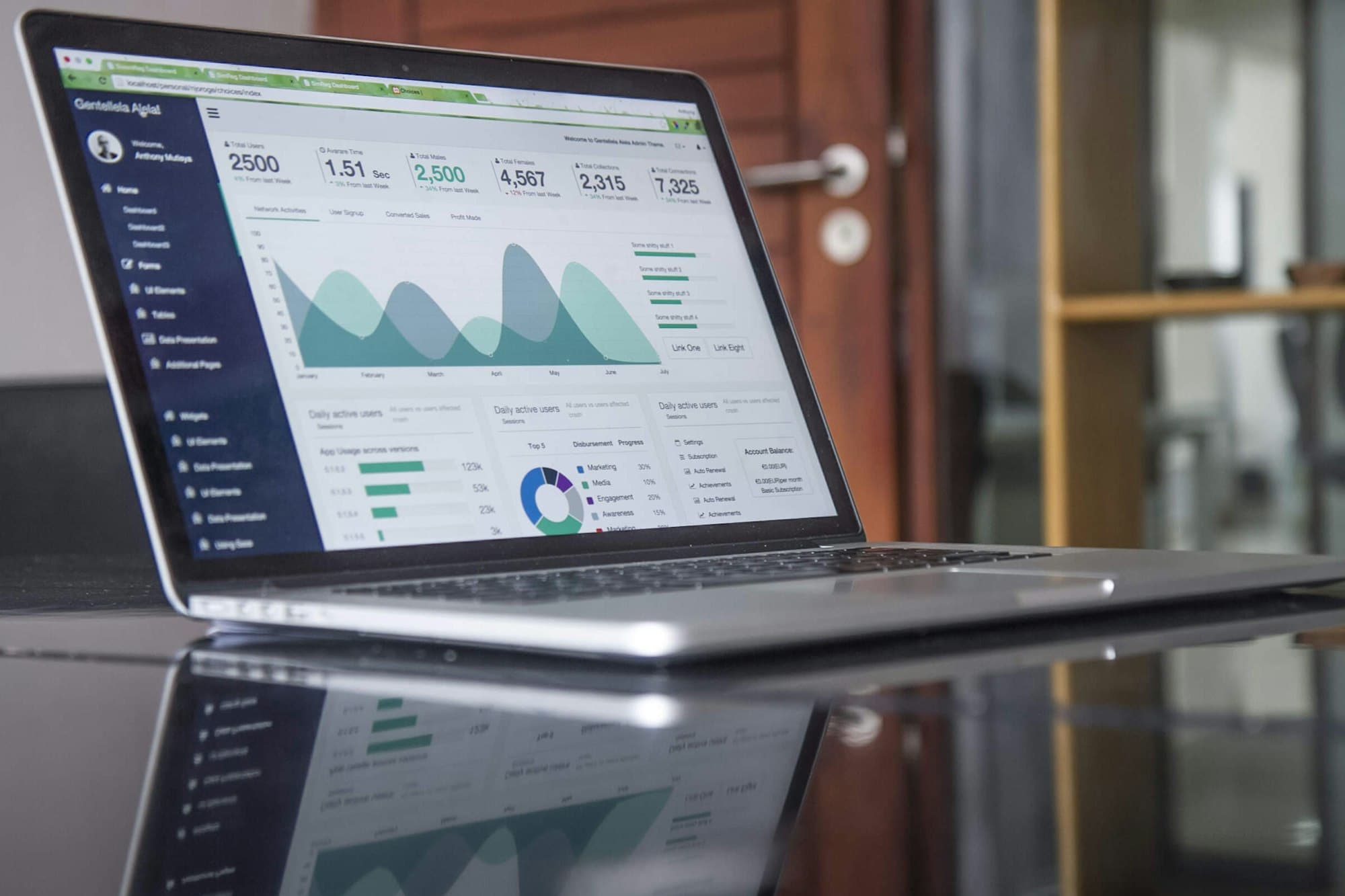Laptop showing spend analytics charts on a desk